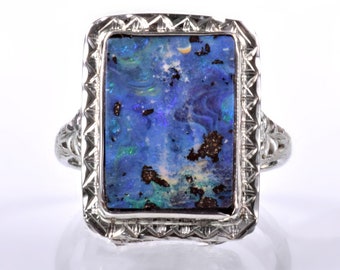 Antique Ring - Antique 14k White Gold Filigree 3.54ct Boulder Opal Ring