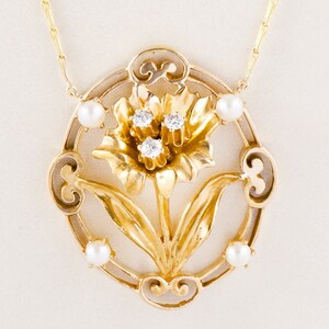 Antique Necklace - Antique Art Nouveau 14k Yellow Gold Diamond & Pearl Flower Necklace