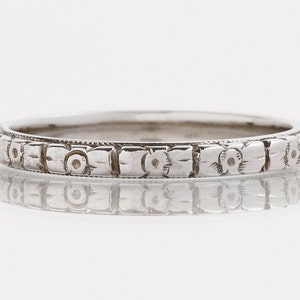 Antique Wedding Band - Antique 18k White Gold Engraved Wedding Band