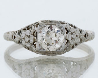 Antique 18k White Gold Diamond Engagement Ring: Arts & Crafts Floral Filigree