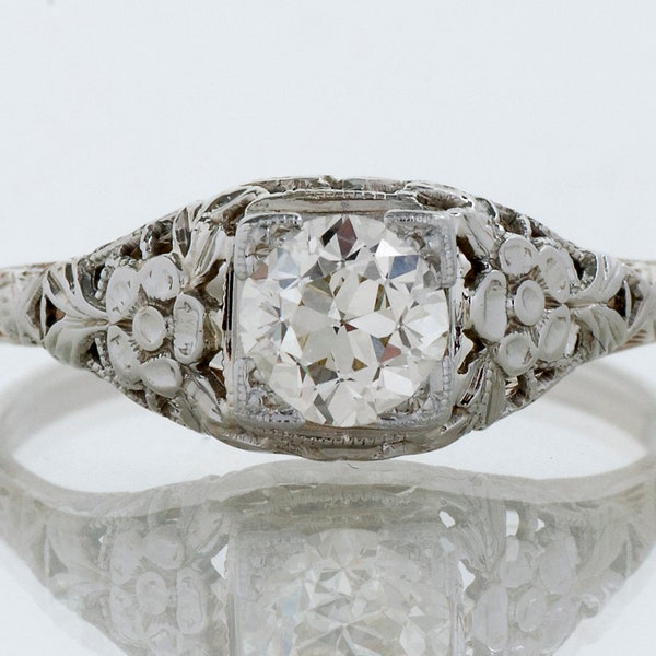 Antique Engagement Ring - Antique Arts & Crafts Era 18k White Gold Floral Filigree Diamond Engagement Ring