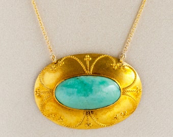 Antique Necklace - Antique 14k Yellow Gold Green Turquoise Conversion Necklace