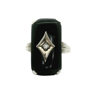 Antique Ring - Antique 18k White Gold Black Onyx and Diamond Ring