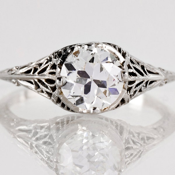 Antique Engagement Ring - Antique 18K White Gold Filigree Diamond Engagement Ring