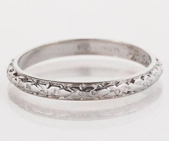 Antique Wedding Band - Antique Platinum Engraved … - image 2