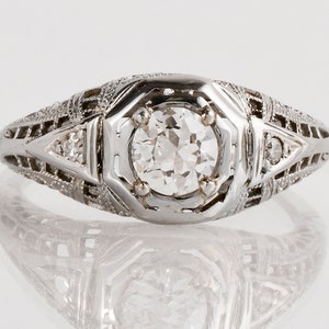 Antique Egagement Ring - Antique 1920s 18k White Gold Filigree Diamond Engagement Ring