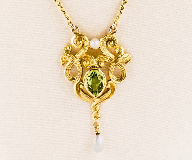 Antique Necklace Antique Art Nouveau 14k Yellow Gold Peridot & Seed Pearl Conversion Necklace Bild 1