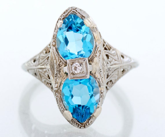 Antique Ring - Antique Edwardian 14k White Gold Blue Topaz Filigree Ring