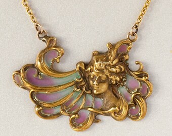 Vintage Necklace - Vintage Art Nouveau  STYLE  14k Yellow Gold Plique a Jour Enamel Pendant