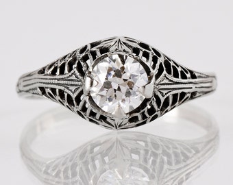 Antique Engagement Ring - Edwardian Engagement Ring - Antique Edwardian 14k White Gold Filigree Diamond Engagement Ring