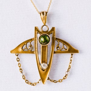 Antique Necklace - Antique Art Nouveau Diamond, Natural Seed Pearl, Turquoise and Diamond Pendant