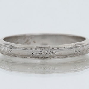 Antique Wedding Band - Antique 14k White Gold Engraved Wedding Band