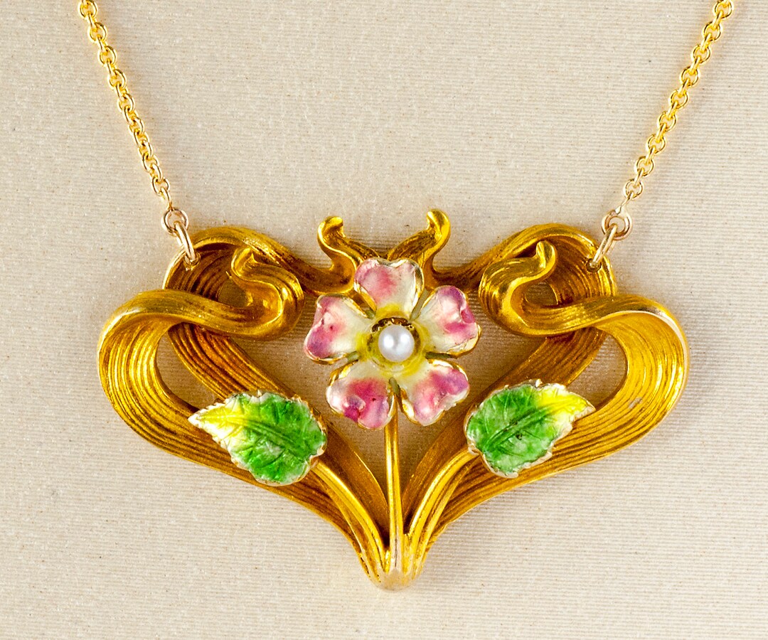 Antique Necklace - Antique Art Nouveau 14k Yellow Gold Enamel Flower ...