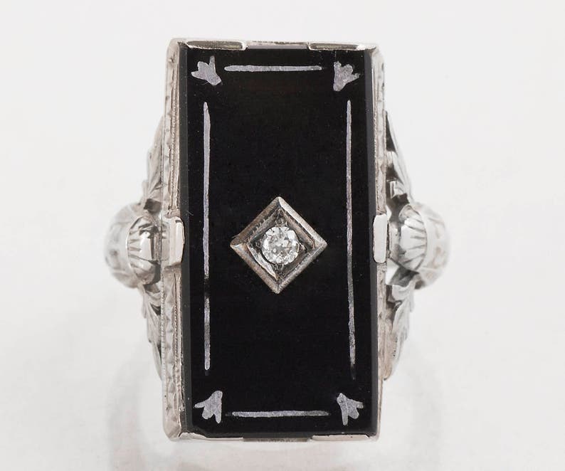 Antique Ring Antique 18k White Gold Black Onyx and Diamond Ring image 1