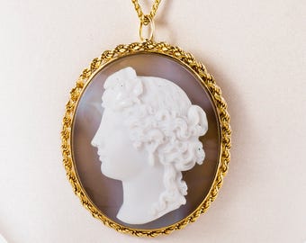 Antique Necklace - Antique Turn-of-the-Century 14k Yellow Gold Hand Carved Onyx Stone Cameo Pin/Pendant