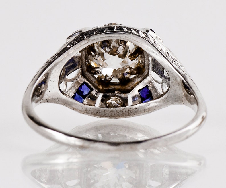 Antique Engagement Ring Antique Art Deco 18K White Gold Diamond and Sapphire Engagement Ring image 3