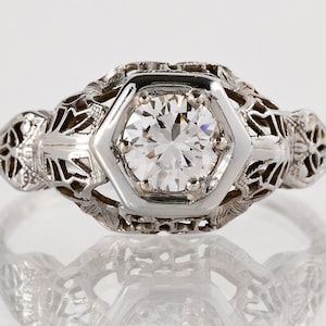 Antique Engagement Ring - Antique 1920s 18k White Gold Filigree Diamond Engagement Ring
