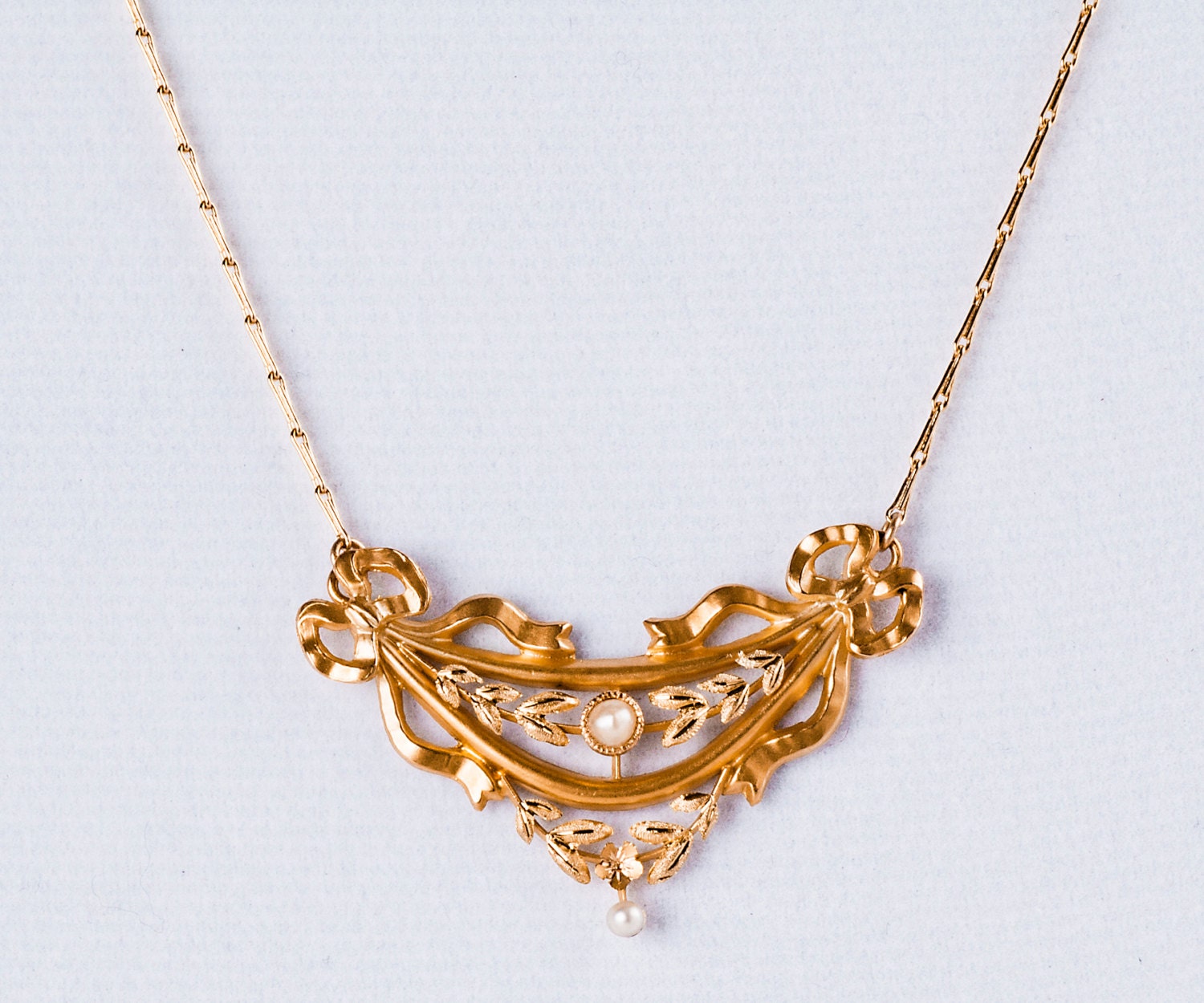 Antique Art Nouveau 14 K Yellow Gold Natural Seed Pearl Ribbon Necklace ...