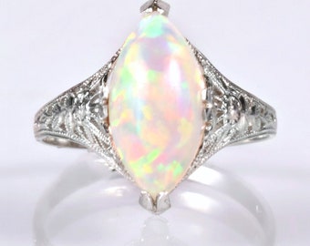 Antique Ring - Antique 14k White Gold 2.19ct Opal Filigree Ring