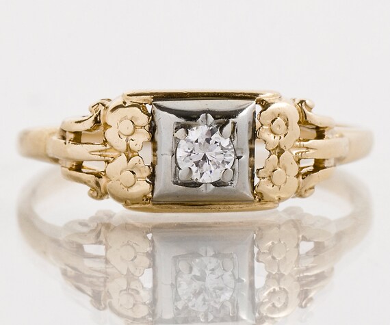 1940s Vintage Diamond Ring: 14k Yellow Gold Floral Promise Ring