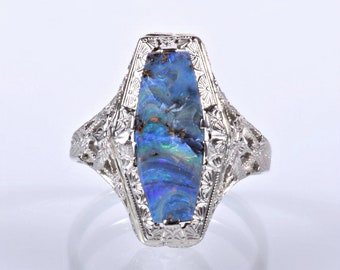 Antique Ring - Antique 14k White Gold Ostby Barton Opal Filigree Ring