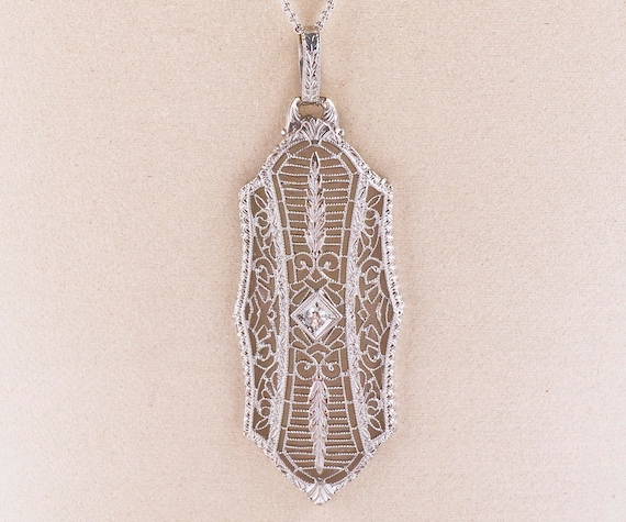 Antique Necklace - Antique Edwardian 14k White Gold Filigree Diamond Pendant