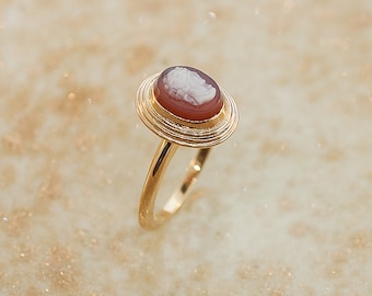 Antique Ring - Antique Cameo Ring - 14K Yellow Gold and Carnelian Carved Stone