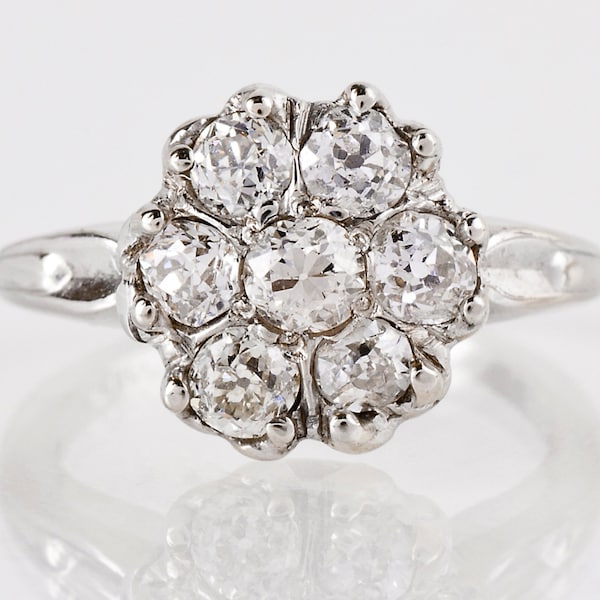 Antique Engagement Ring - Antique 14k White Gold Diamond Flower Cluster Ring