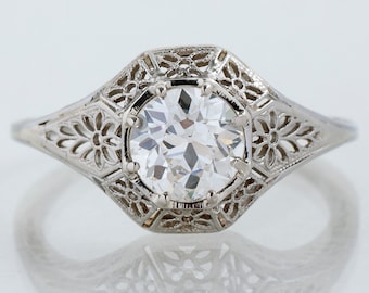 Antique Edwardian Diamond Engagement Ring: 18k White Gold Filigree