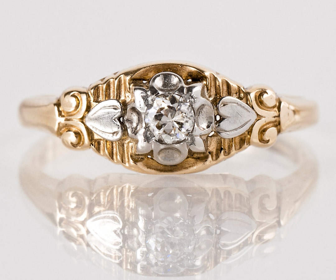 Antique Engagement Ring Antique 1930s 14k White & Yellow Gold Etched ...