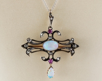Antique Victorian Opal Ruby Diamond Necklace - 1860s Two-Tone Pendant