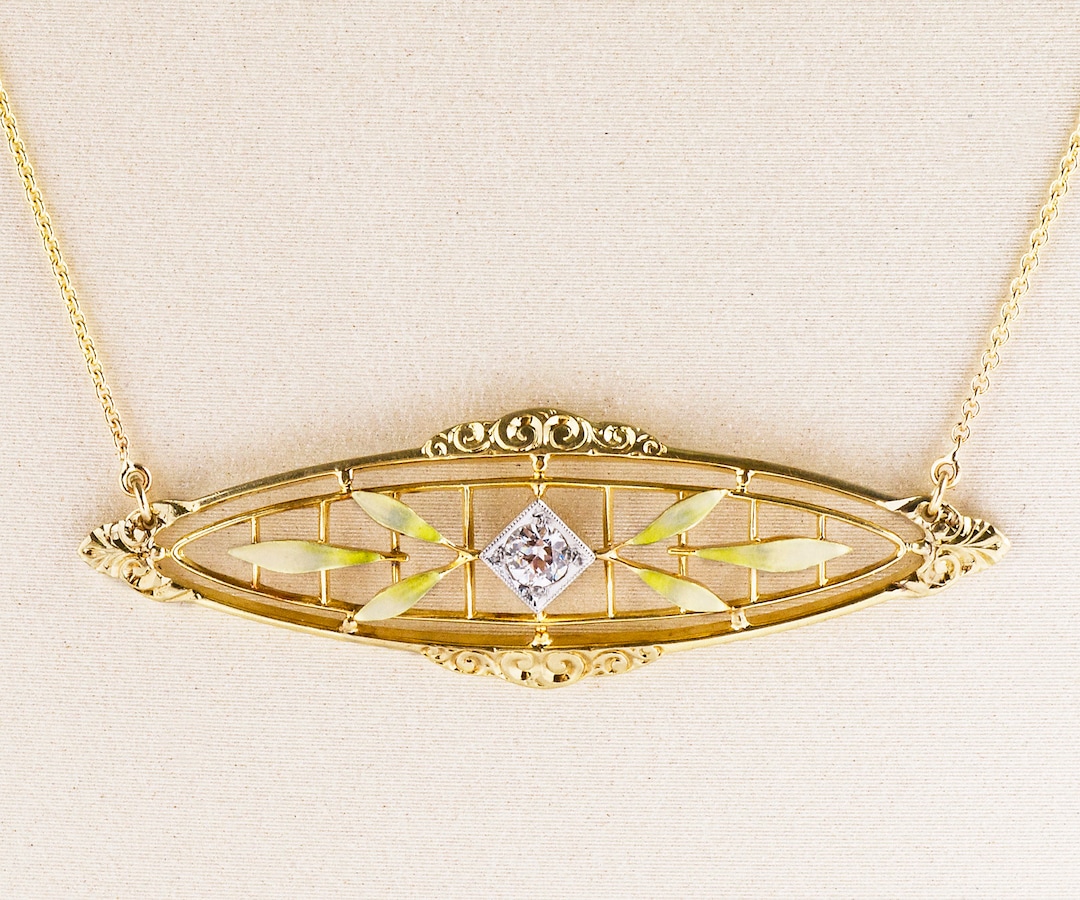 Antique Necklace - Antique Art Nouveau 14k Yellow Gold Diamond & Enamel ...