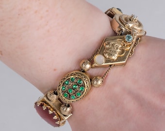 Antique Bracelet - Antique Victorian 14k & Gold Filled Colorful Gemstone Slide Bracelet