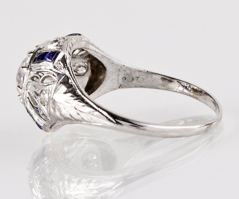 Antique Engagement Ring Antique Art Deco 18K White Gold Diamond and Sapphire Engagement Ring image 2