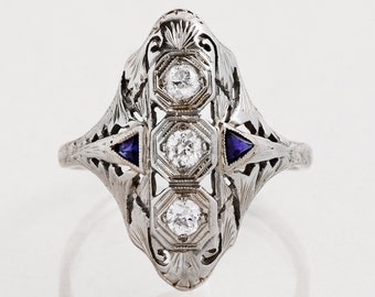 Antique Ring - Antique 1920's 18k White Gold Diamond & Sapphire Ring