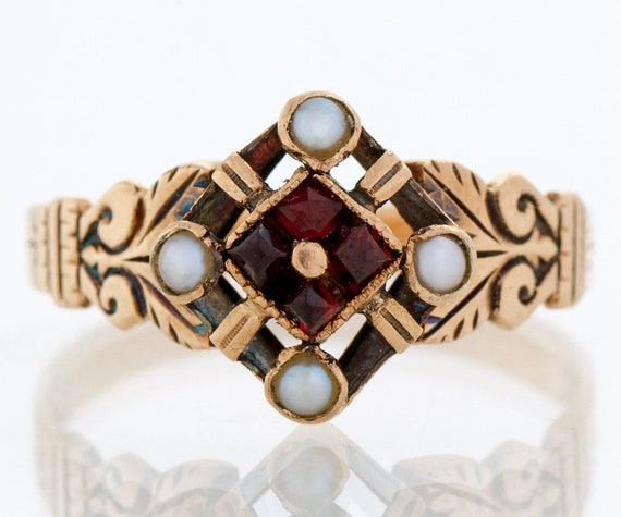 Antique Ring - Antique Victorian 10k Rose Gold Garnet & Seed Pearl Ring