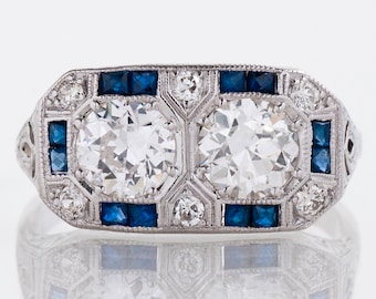 Antique Engagement Ring - Antique Art Deco Platinum Diamond & Sapphire Ring