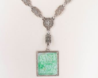 Antique Necklace - Antique Circa 1910 14k White Gold Filigree Jadeite Drop Pendant