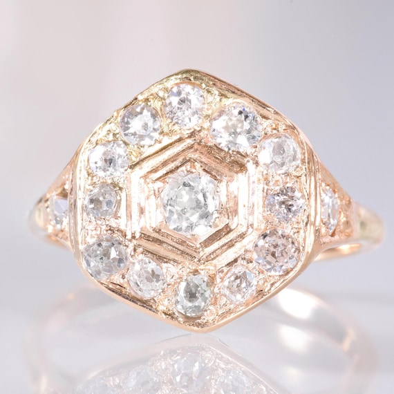 Antique Ring - Antique 10k Yellow Gold Mine Cut Diamond Cluster Engagement Ring