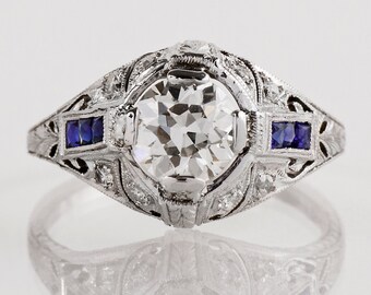 Antique Engagement Ring - Antique Art Deco Platinum Diamond and Sapphire Engagement Ring