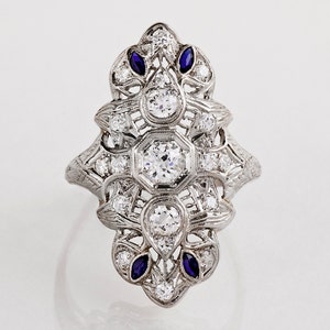 Antique Ring - Antique Platinum Diamond and Sapphire Filigree Ring