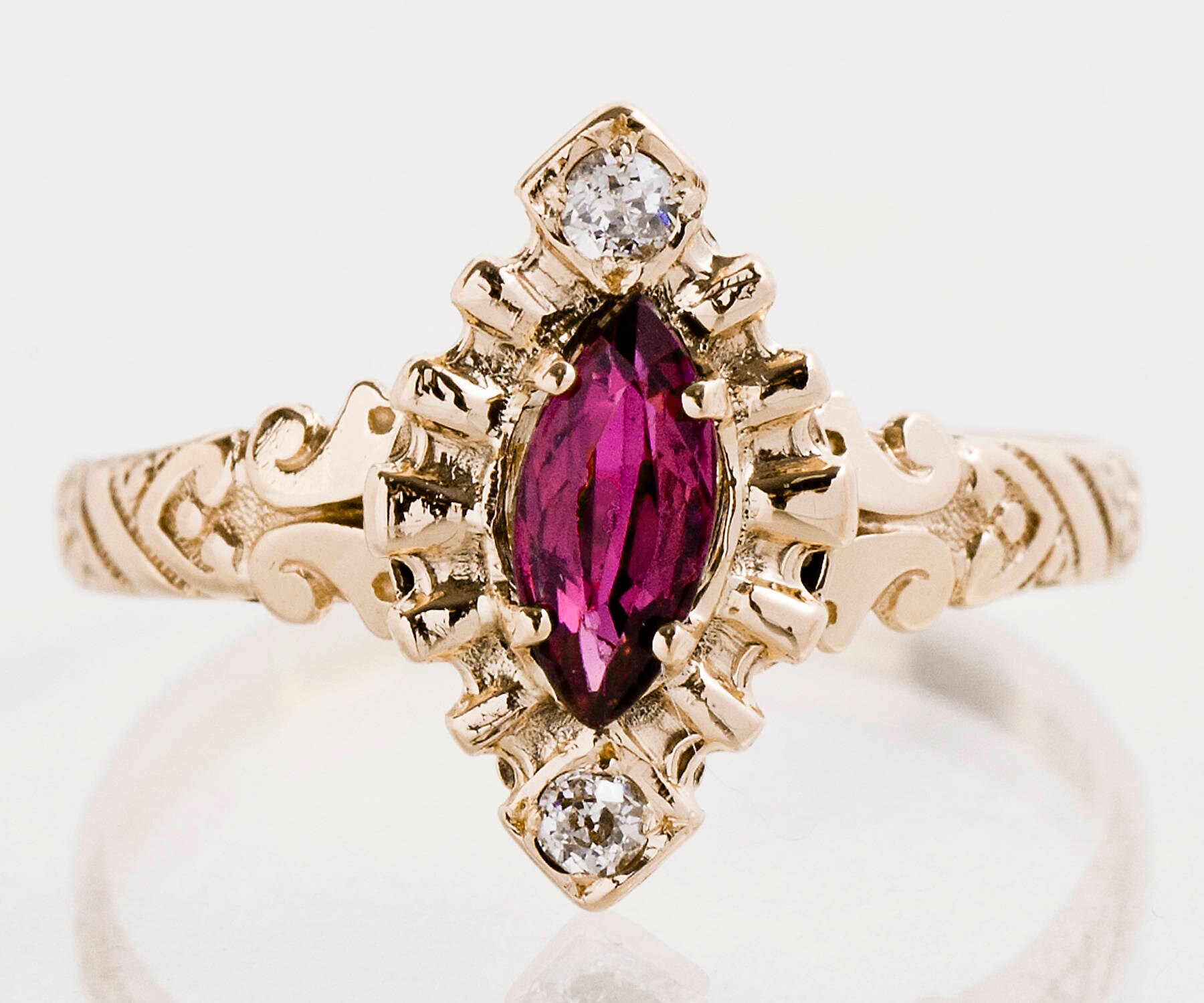 Antique Ring Antique 14k Rose Gold Ruby & Diamond Navette | Etsy