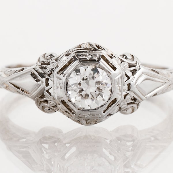 Antique Engagement Ring - Antique Arts & Crafts Era 18k White Gold Filigree Diamond Engagement Ring