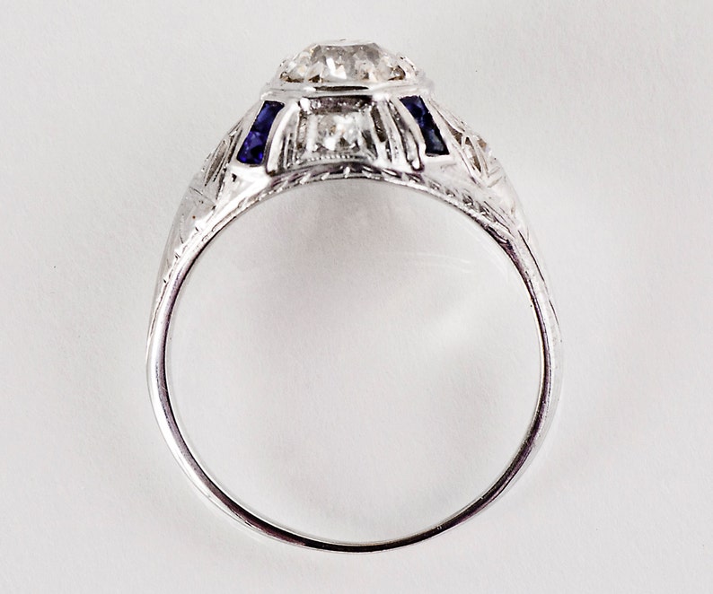 Antique Engagement Ring Antique Art Deco 18K White Gold Diamond and Sapphire Engagement Ring image 4
