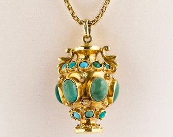 Vintage Necklace - Vintage 18k & 14k Yellow Gold Turquoise Urn Pendant