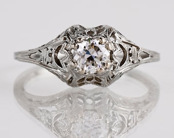 Antique Engagement Ring - Antique 18K White Gold Filigree Diamond Engagement Ring