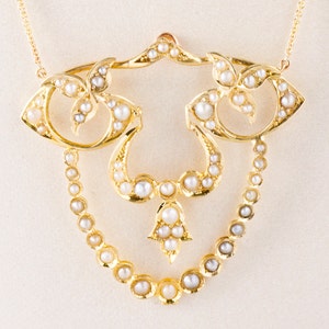 Antique Necklace - Antique Art Nouveau Yellow Gold Seed Pearl Necklace