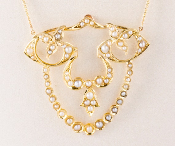 Antique Necklace - Antique Art Nouveau Yellow Gold Seed Pearl Necklace