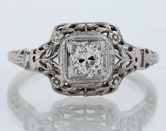 Antique Edwardian 18k White Gold Filigree Diamond Engagement Ring