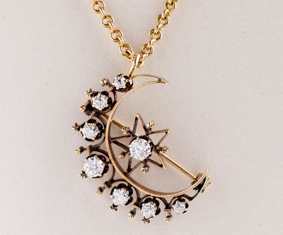 Antique Victorian Pendant - Antique Victorian 14 Karat Yellow Gold Diamond Crescent/Star Pin/Pendant